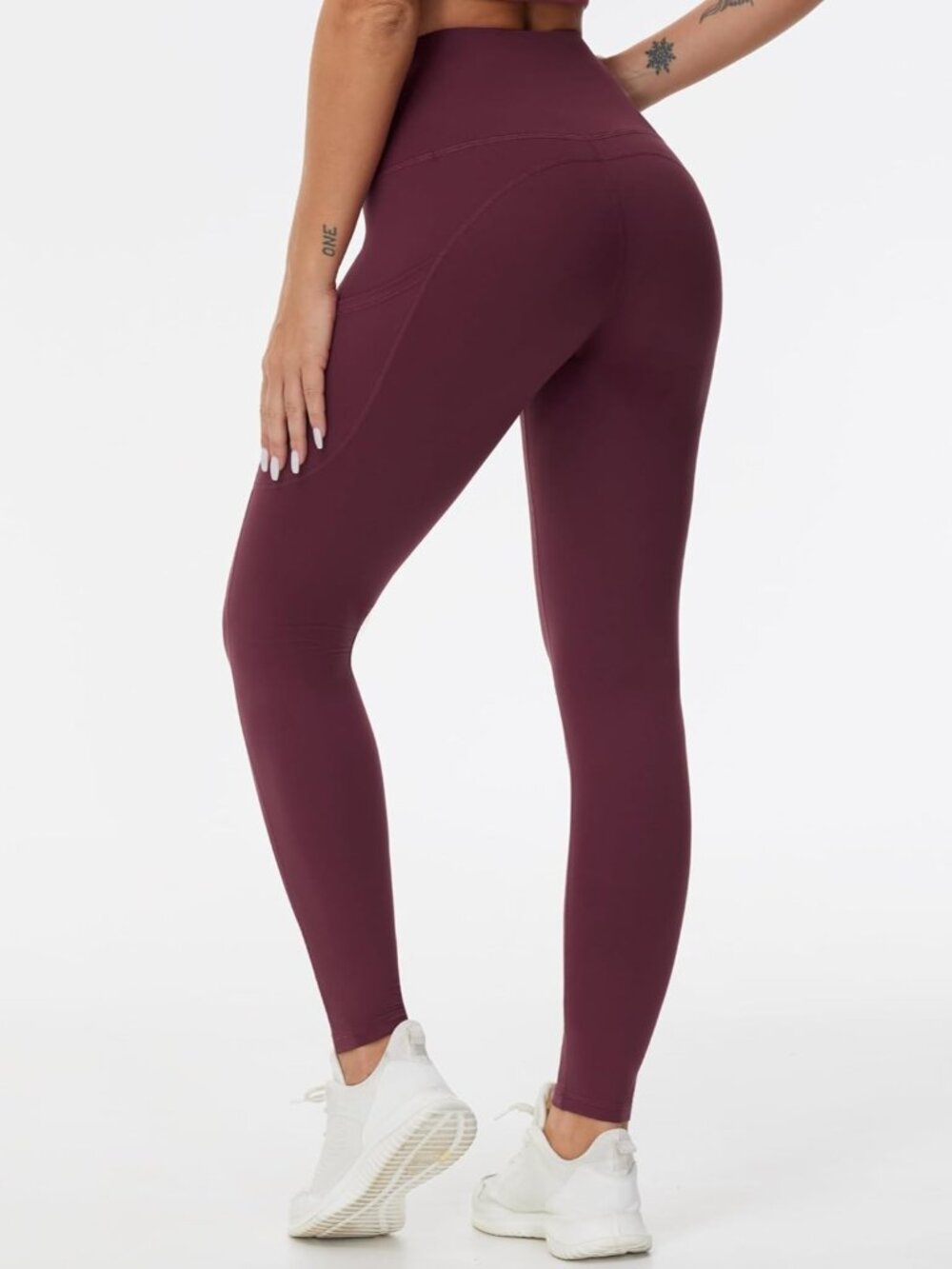 Women's Dark Red Elastic Thick High Waist Tummy Control Workout Yoga Leggings - Picture 2 of 6